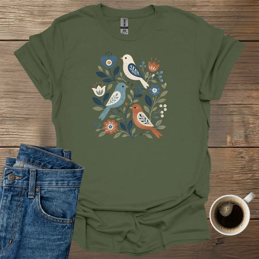 Botanical Folk Birds T-Shirt