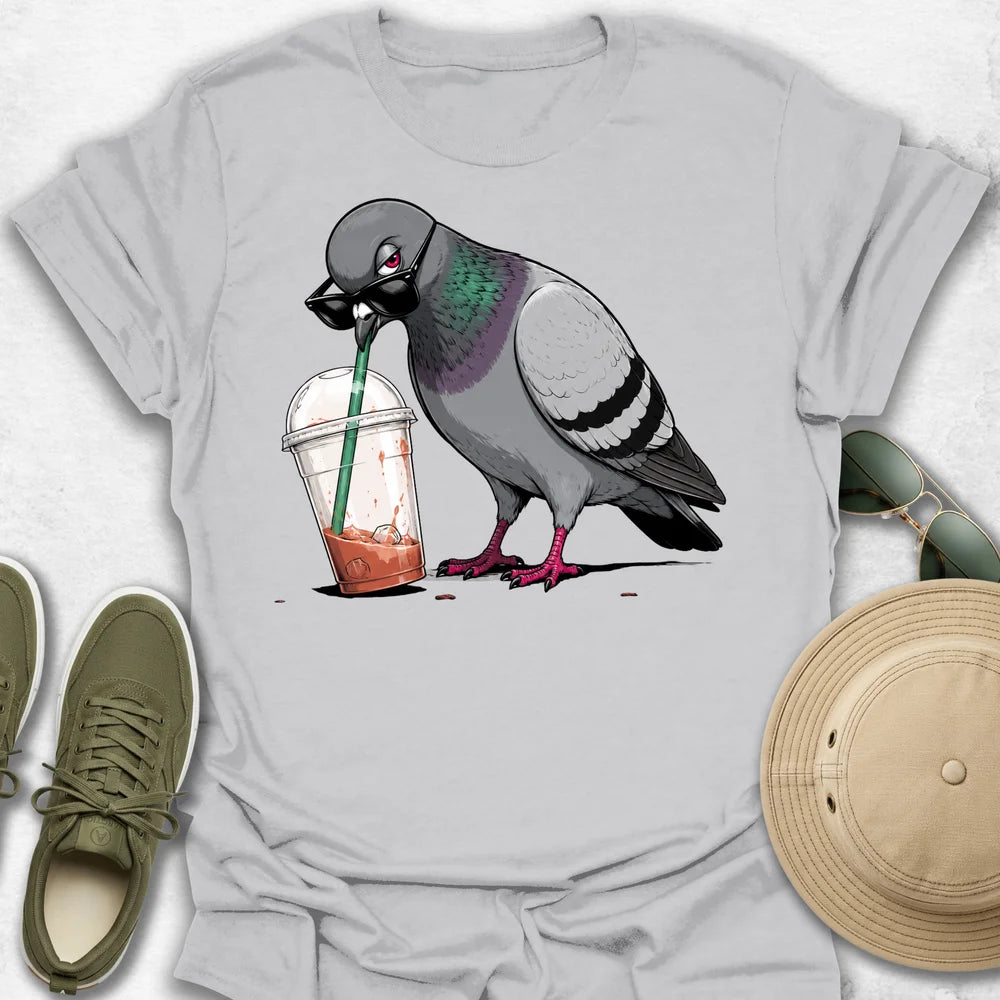 Cool Pigeon Drinking Iced Coffee T-Shirt