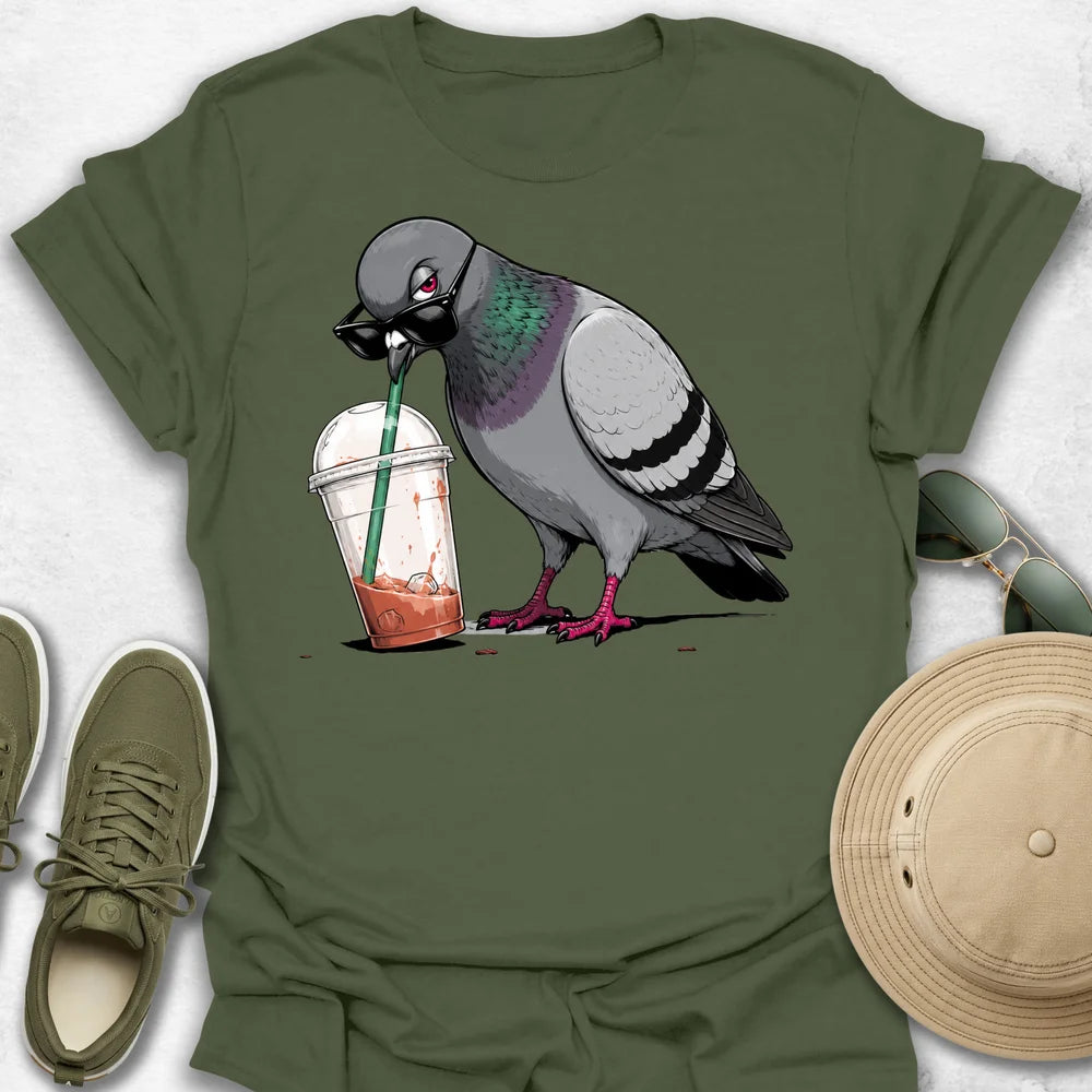 Cool Pigeon Drinking Iced Coffee T-Shirt