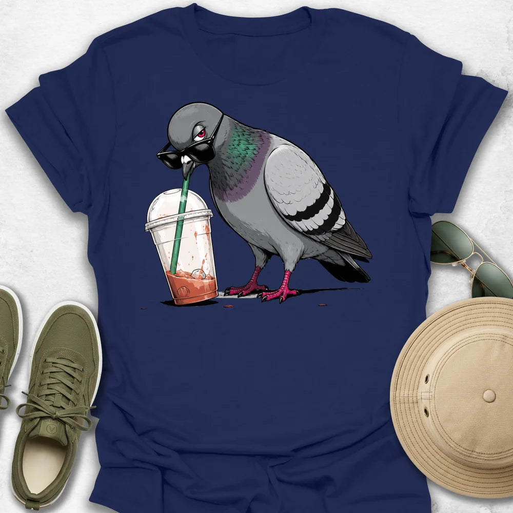 Cool Pigeon Drinking Iced Coffee T-Shirt