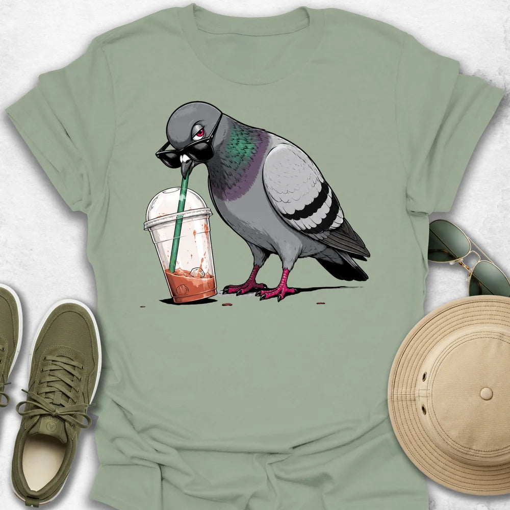 Cool Pigeon Drinking Iced Coffee T-Shirt