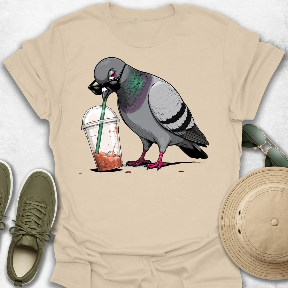 Cool Pigeon Drinking Iced Coffee T-Shirt
