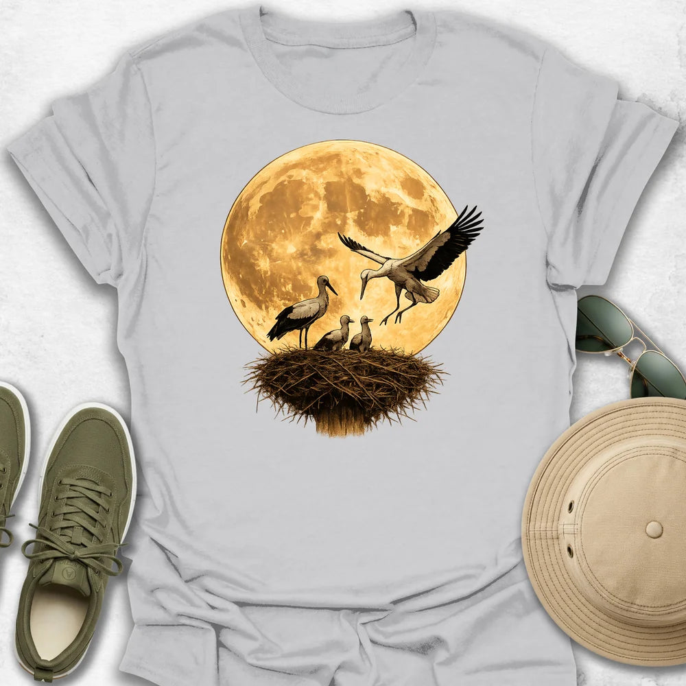 Stork Family Under the Golden Moon T-Shirt