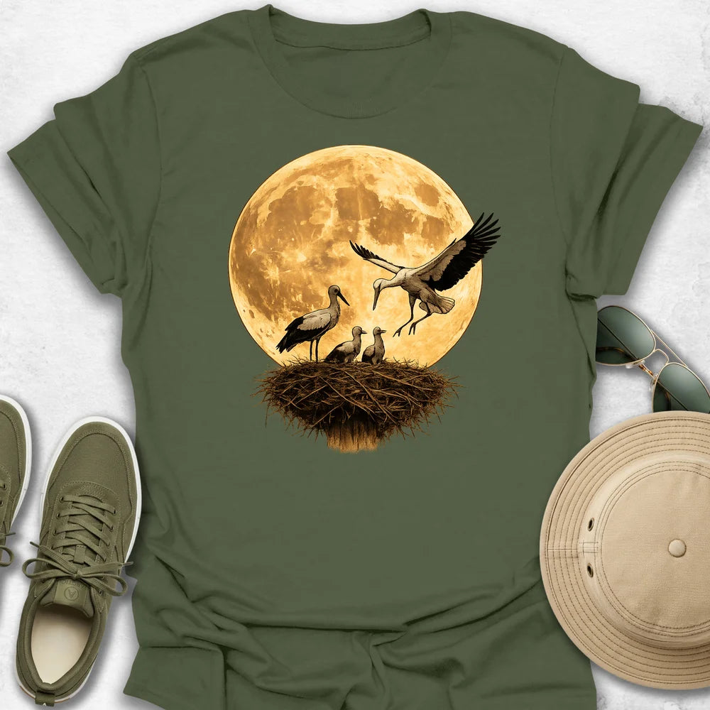 Stork Family Under the Golden Moon T-Shirt