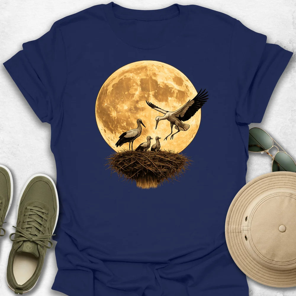 Stork Family Under the Golden Moon T-Shirt