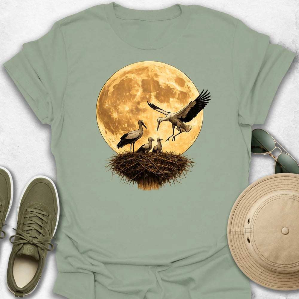 Stork Family Under the Golden Moon T-Shirt
