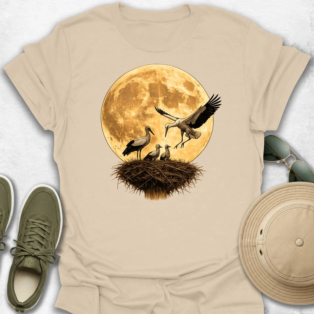 Stork Family Under the Golden Moon T-Shirt