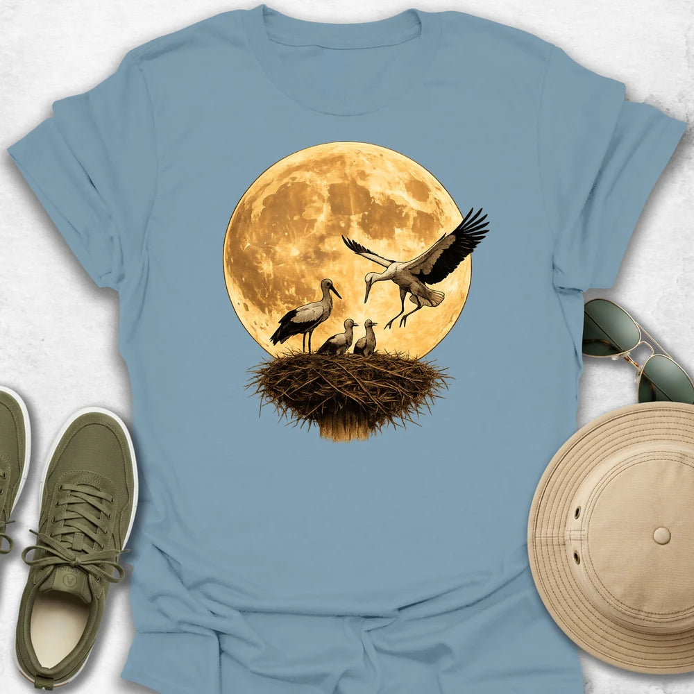 Stork Family Under the Golden Moon T-Shirt