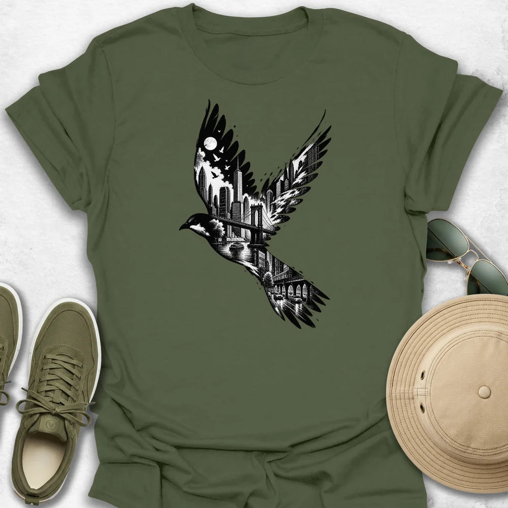 New York Cityscape Bird in Flight T-Shirt