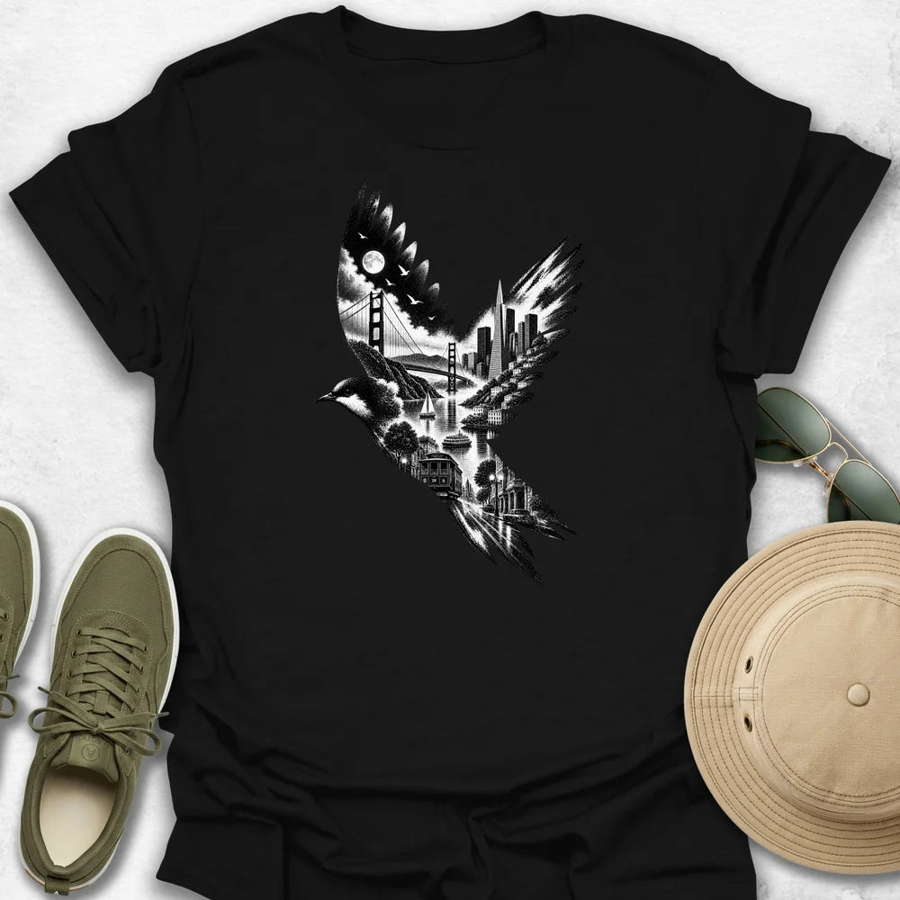 San Francisco Cityscape Bird in Flight T-Shirt