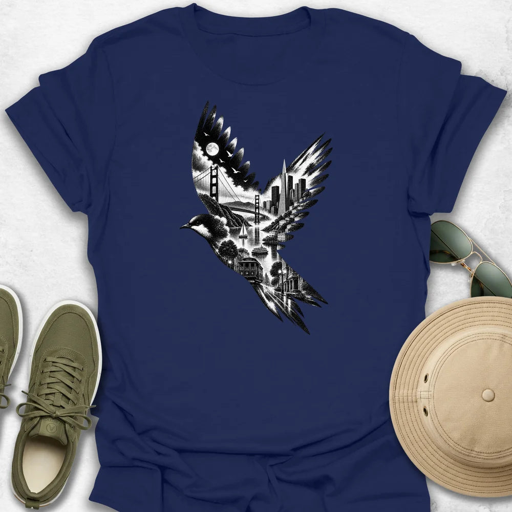 San Francisco Cityscape Bird in Flight T-Shirt