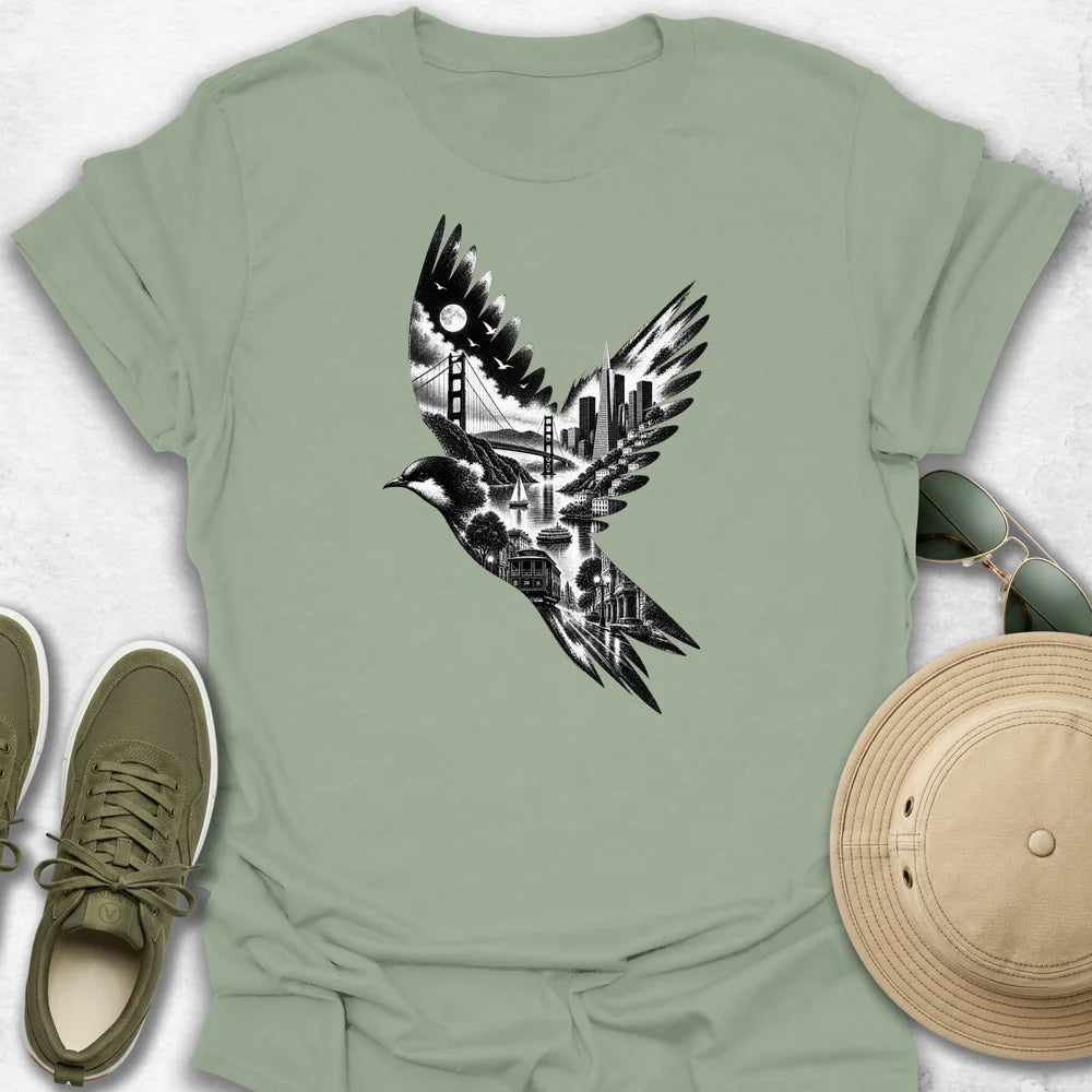 San Francisco Cityscape Bird in Flight T-Shirt