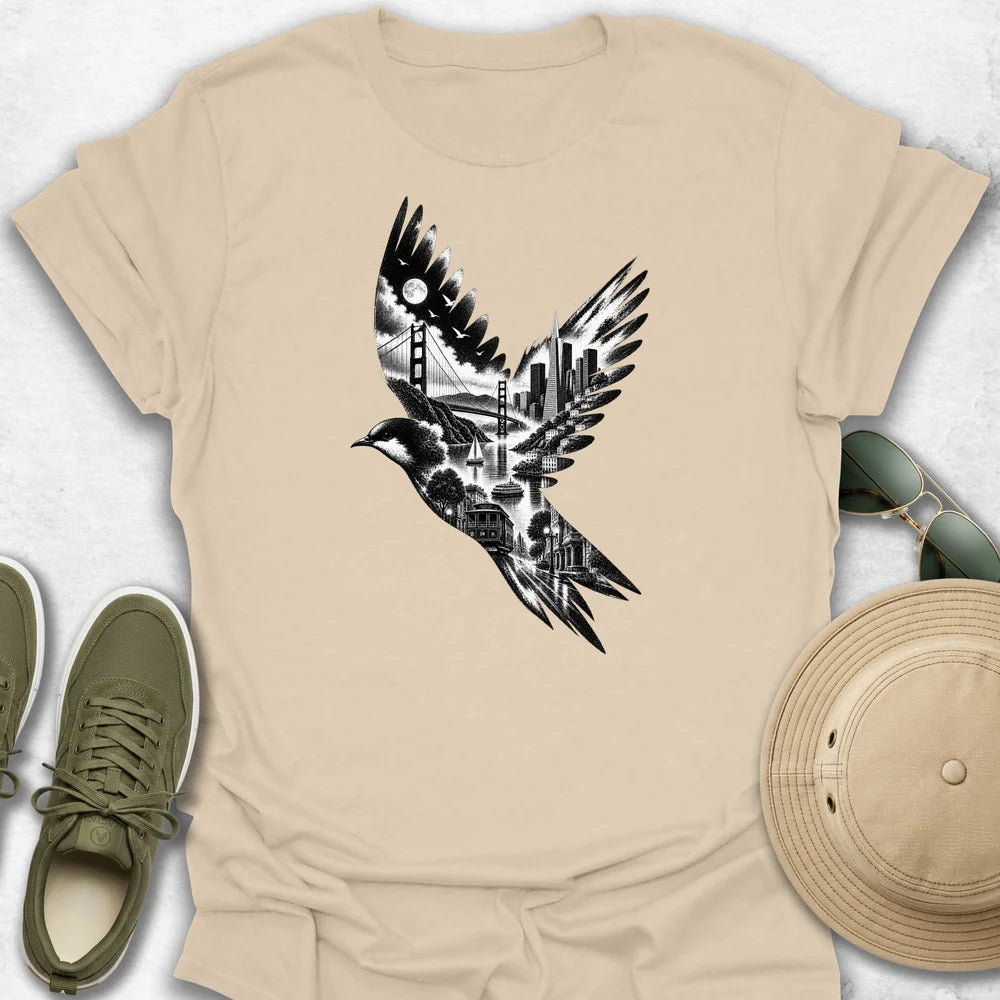 San Francisco Cityscape Bird in Flight T-Shirt