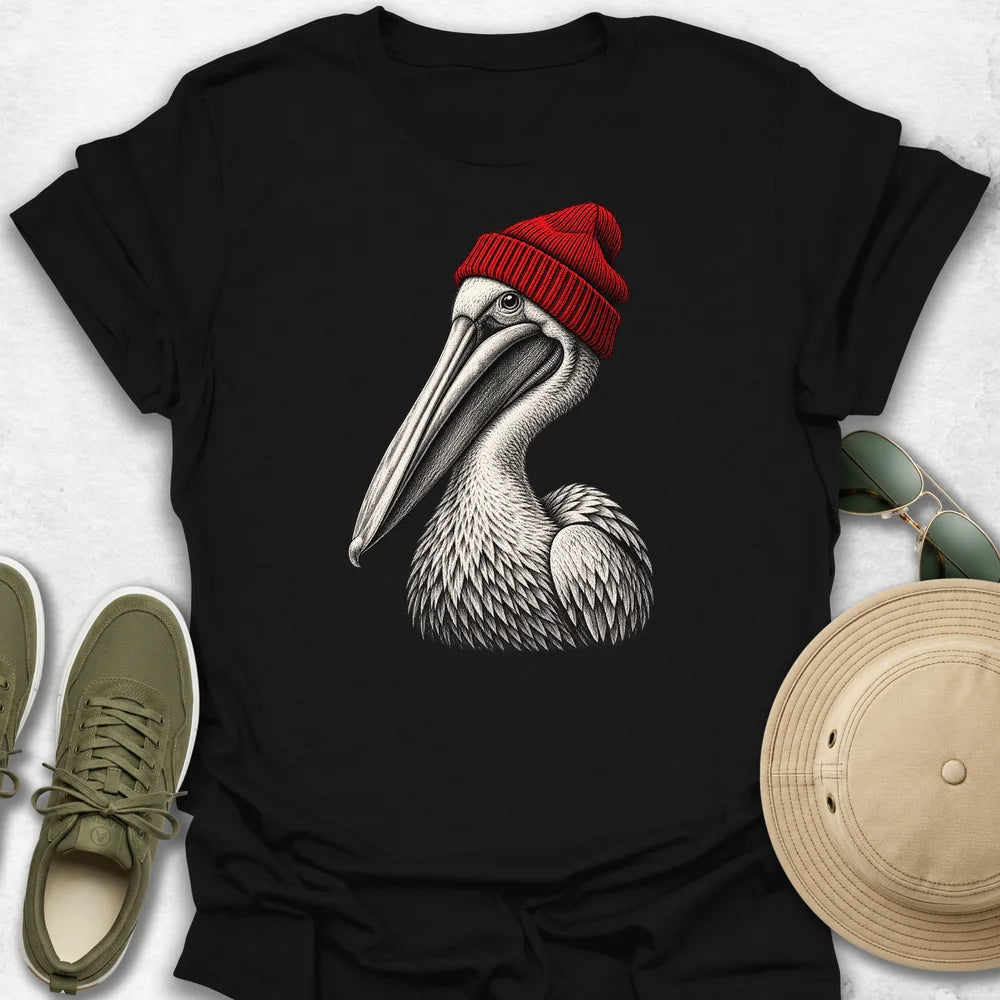 Pelican in Red Beanie T-Shirt