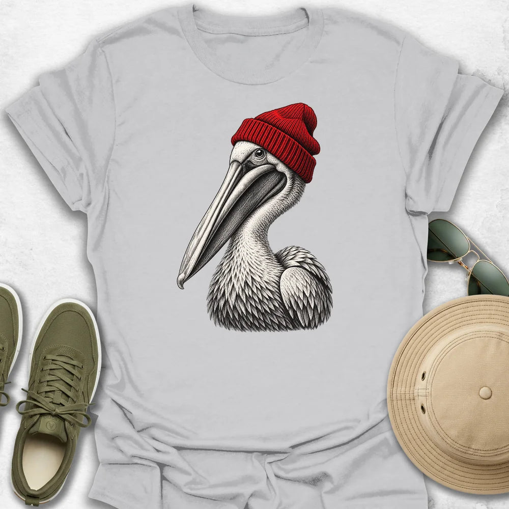 Pelican in Red Beanie T-Shirt