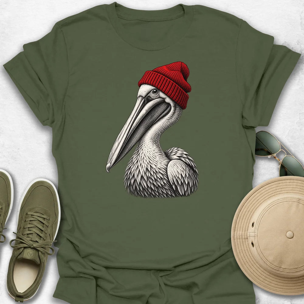 Pelican in Red Beanie T-Shirt
