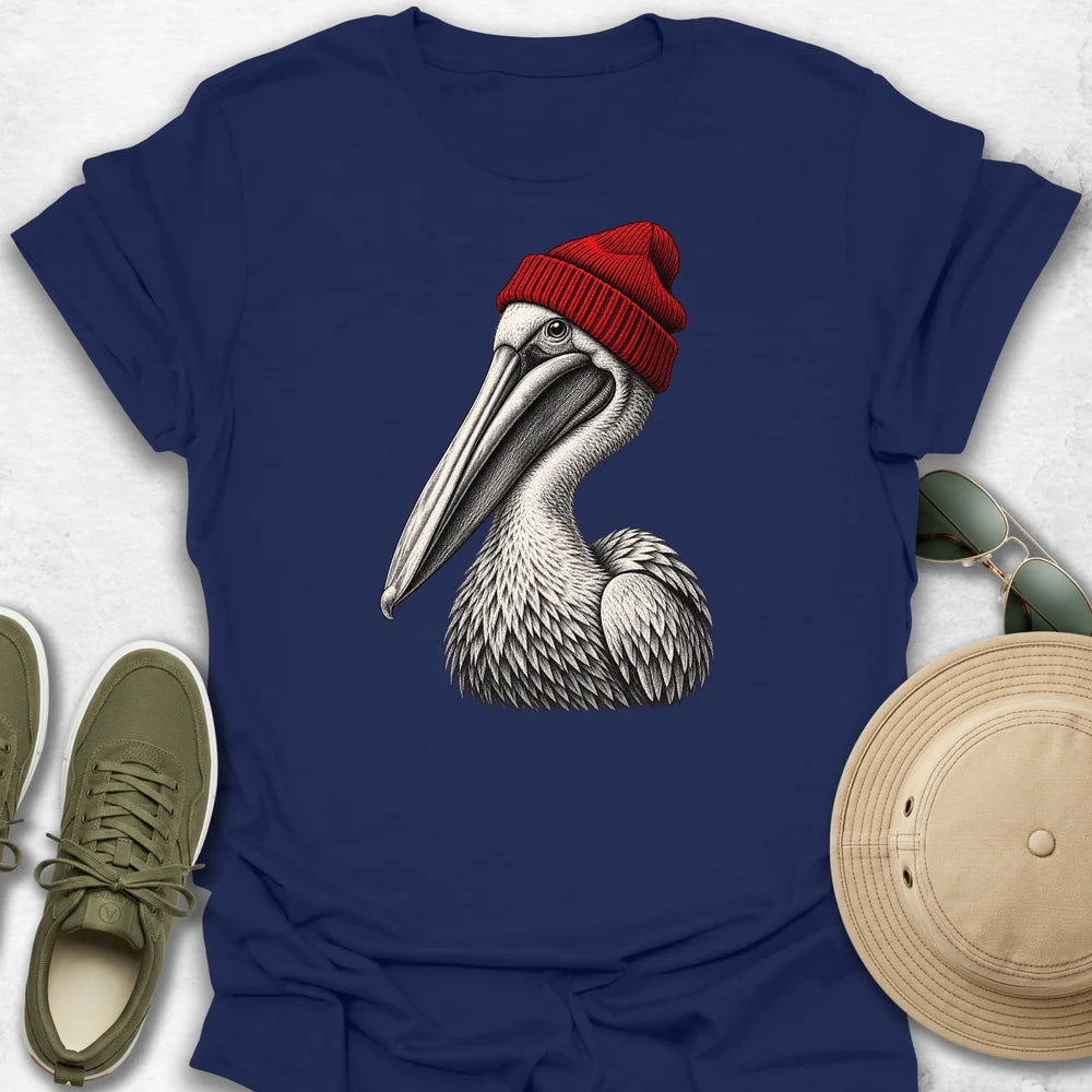 Pelican in Red Beanie T-Shirt