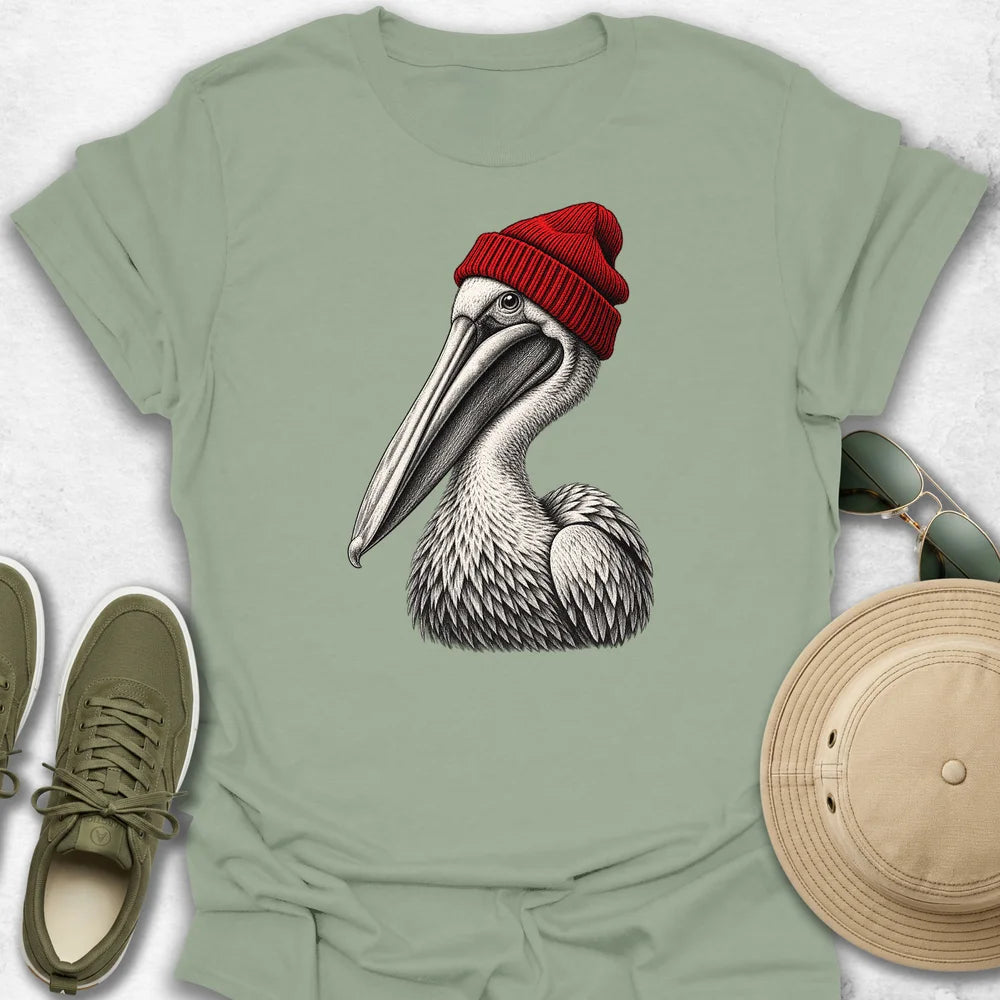 Pelican in Red Beanie T-Shirt