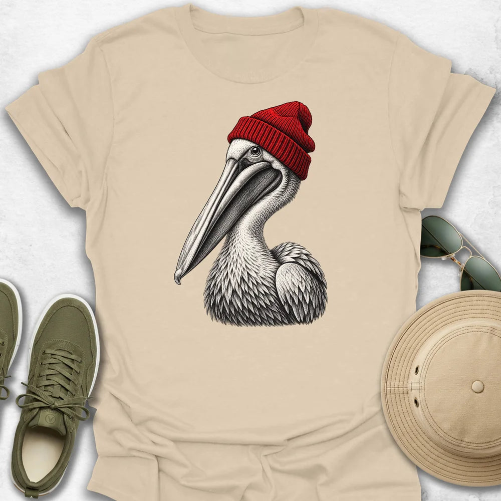 Pelican in Red Beanie T-Shirt