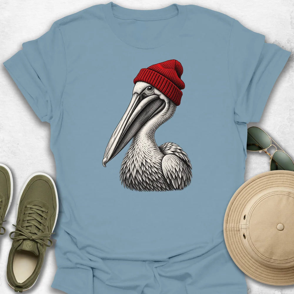Pelican in Red Beanie T-Shirt