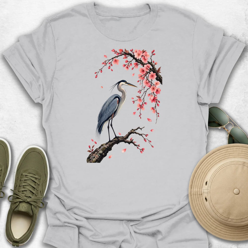 Heron Beneath Cherry Blossoms T-Shirt