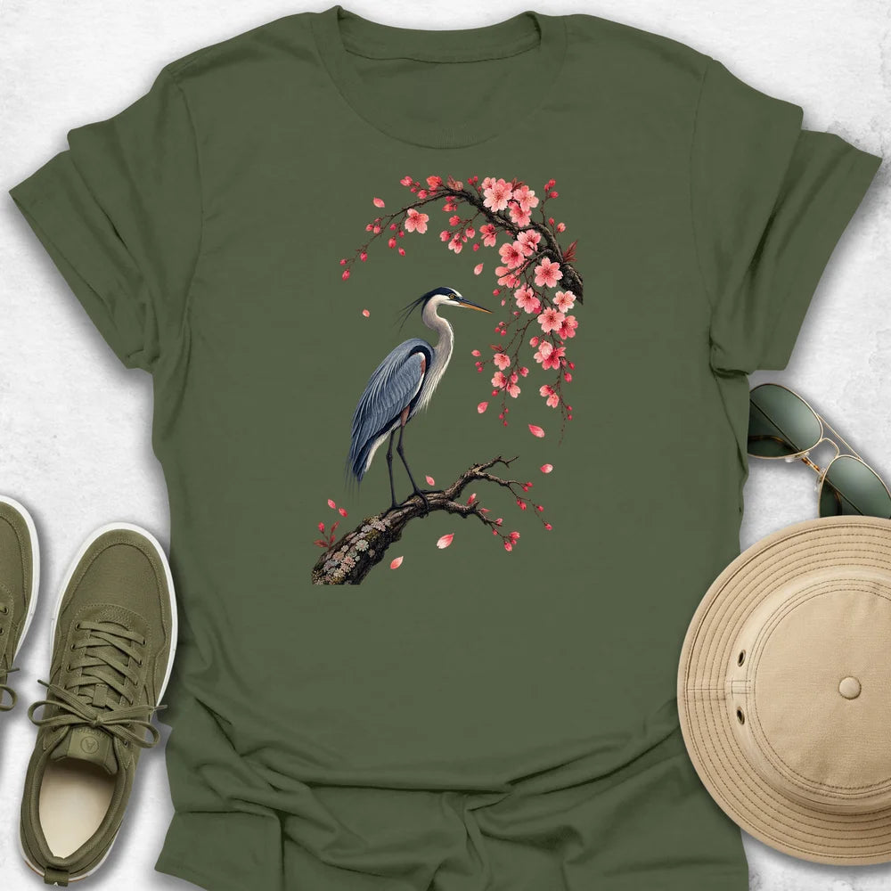 Heron Beneath Cherry Blossoms T-Shirt