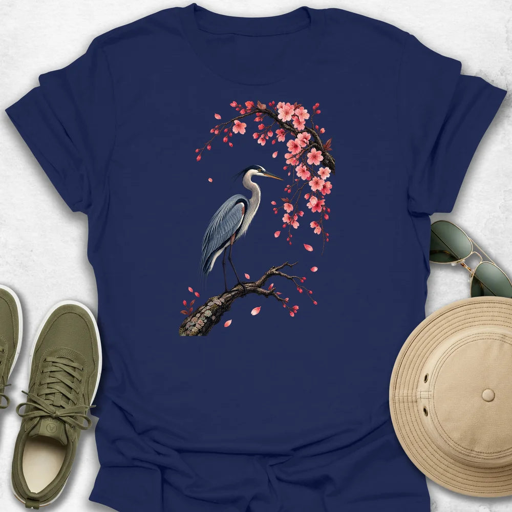 Heron Beneath Cherry Blossoms T-Shirt