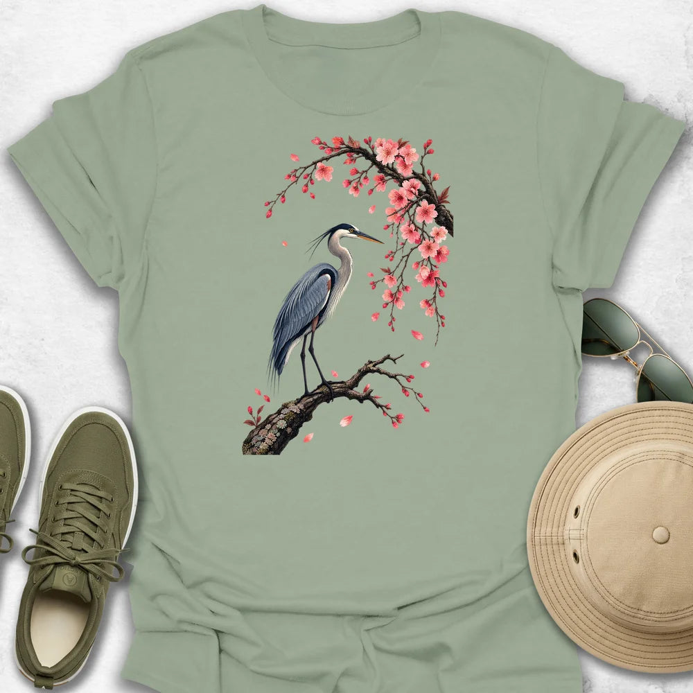 Heron Beneath Cherry Blossoms T-Shirt