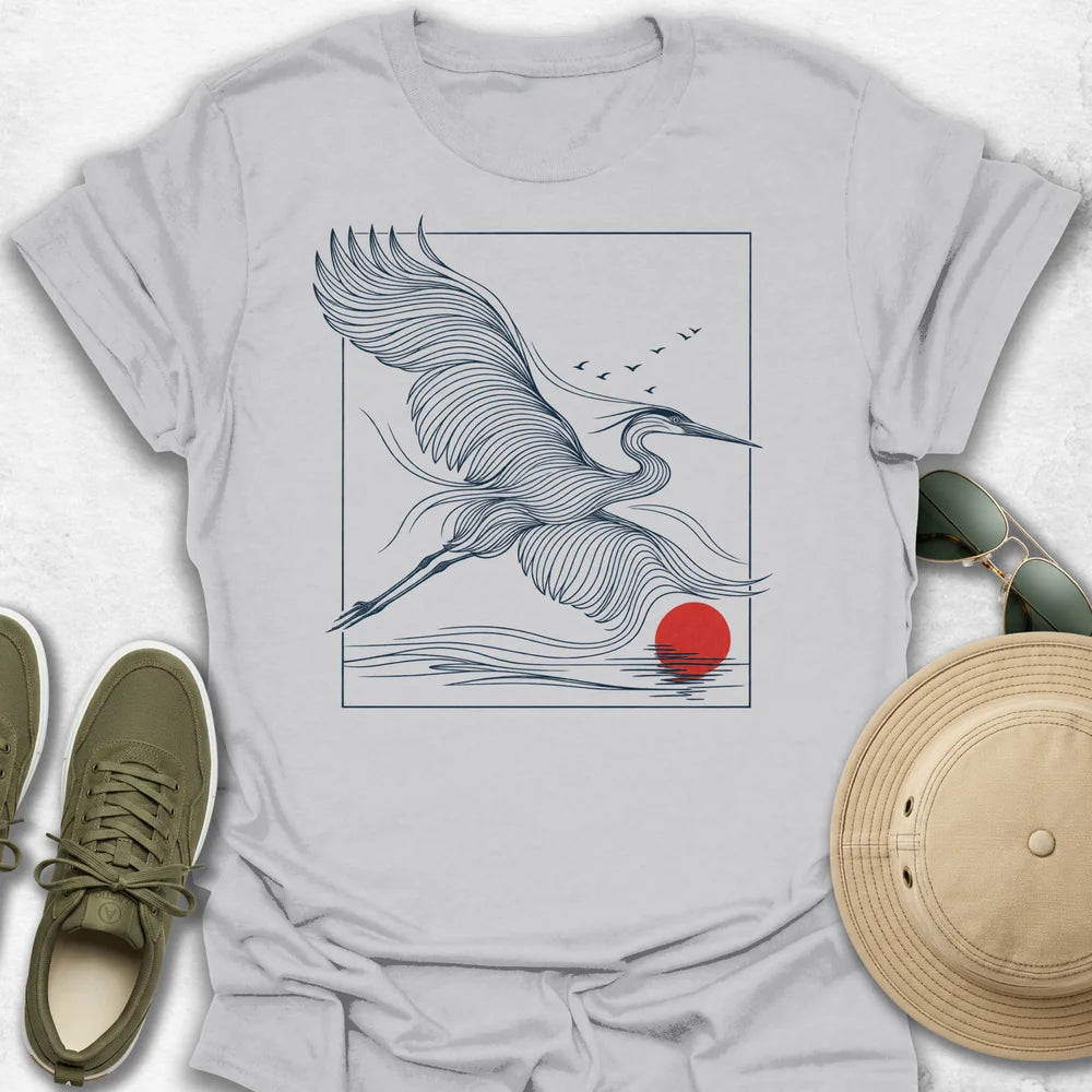Flying Heron Over Crimson Sun T-Shirt