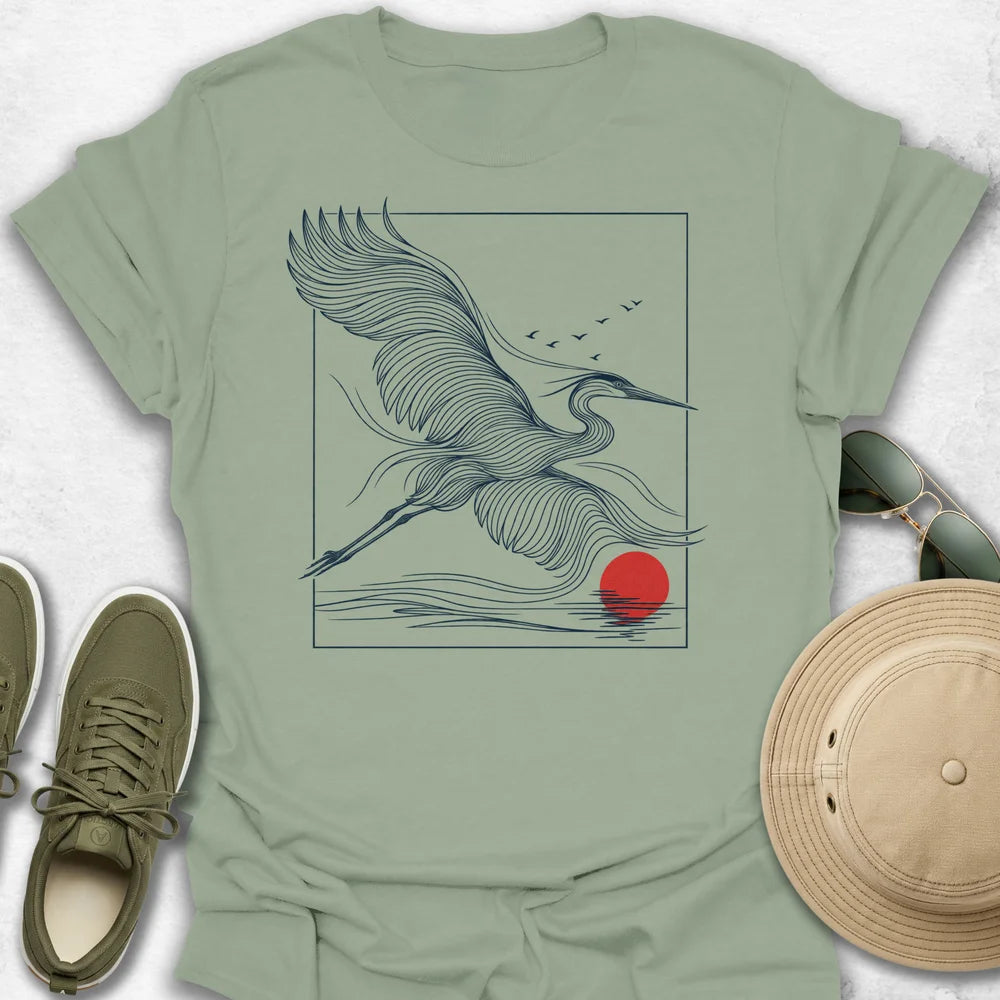 Flying Heron Over Crimson Sun T-Shirt