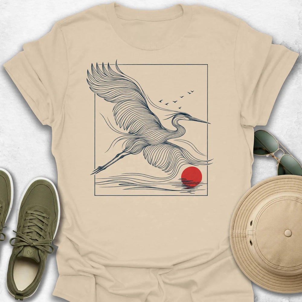 Flying Heron Over Crimson Sun T-Shirt