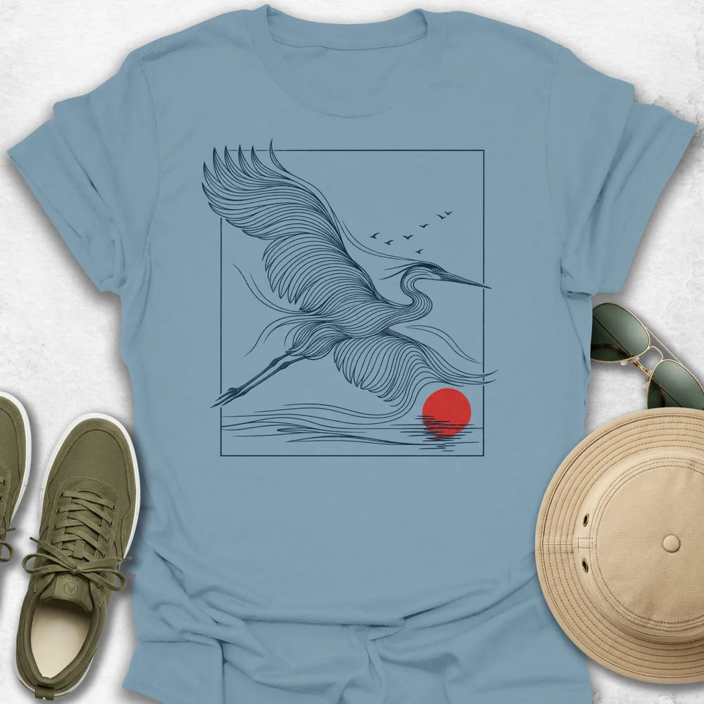 Flying Heron Over Crimson Sun T-Shirt