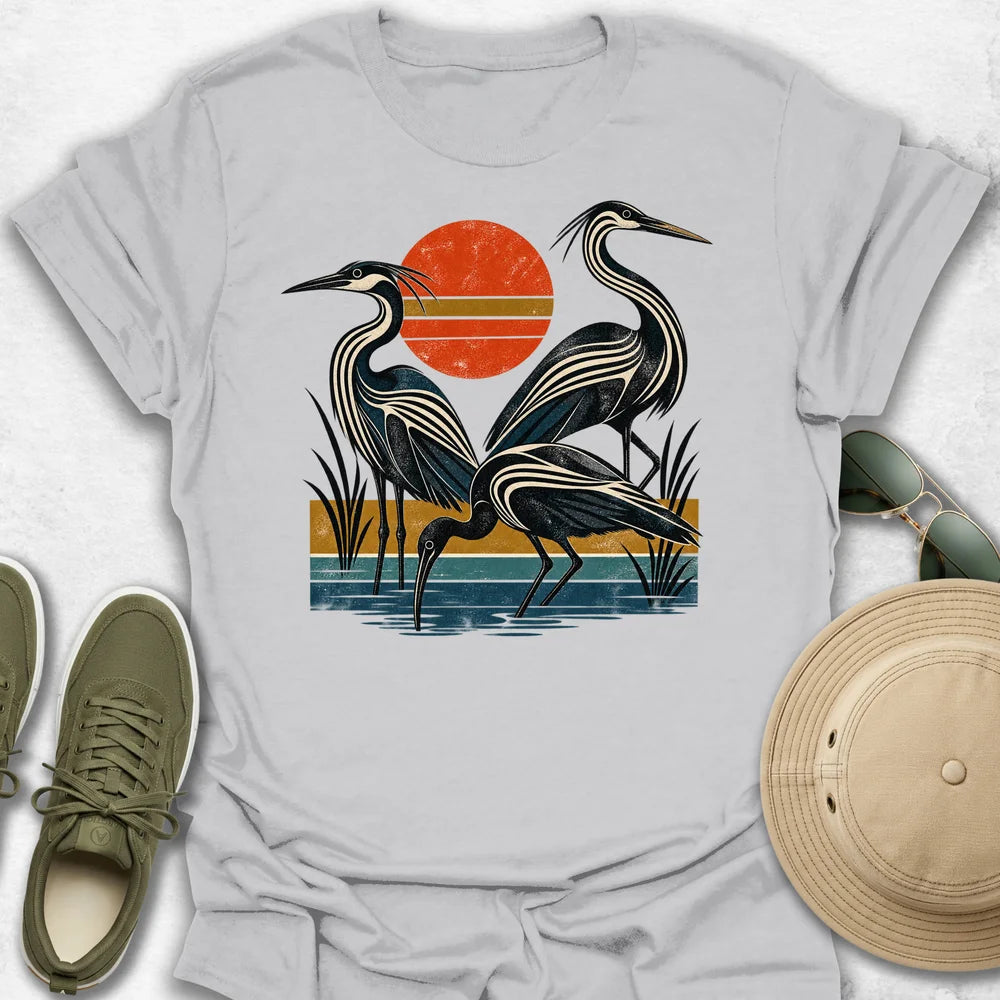 Retro Herons in a Distressed Wetland T-Shirt