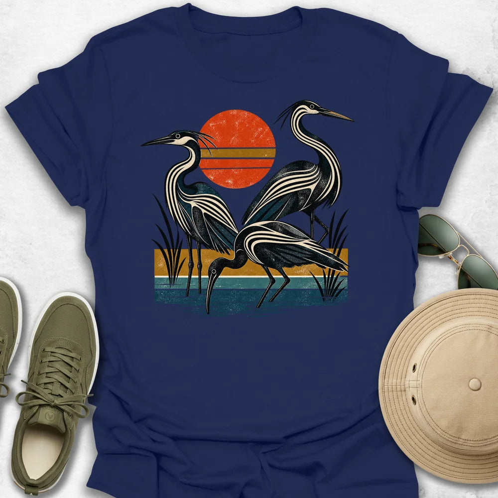 Retro Herons in a Distressed Wetland T-Shirt