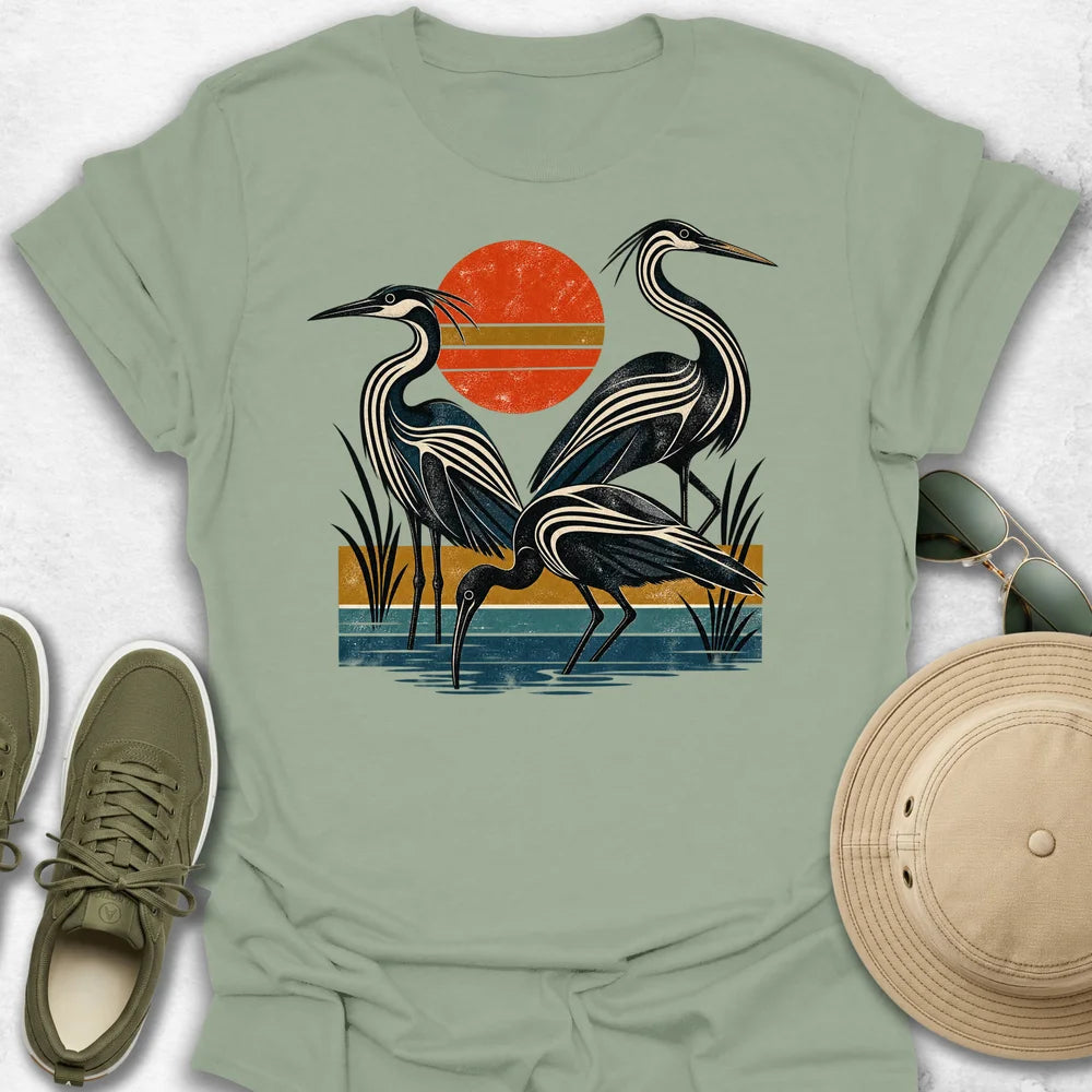 Retro Herons in a Distressed Wetland T-Shirt