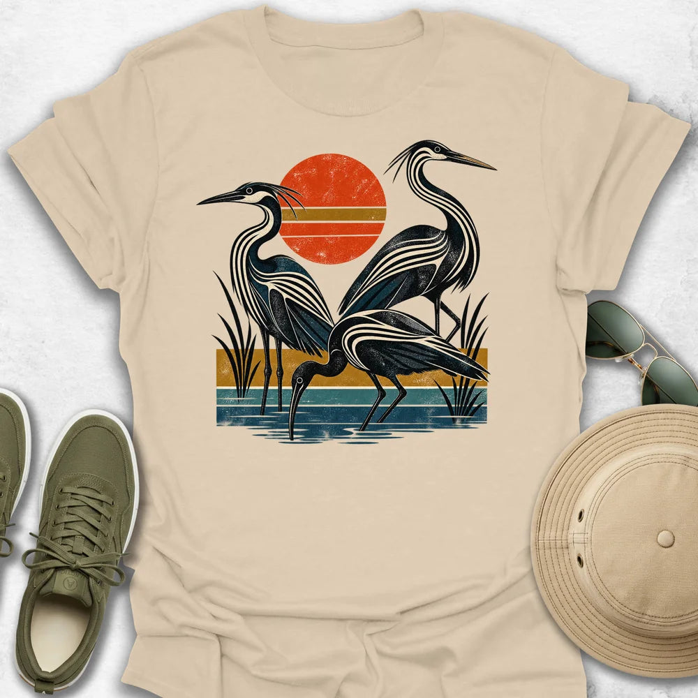 Retro Herons in a Distressed Wetland T-Shirt