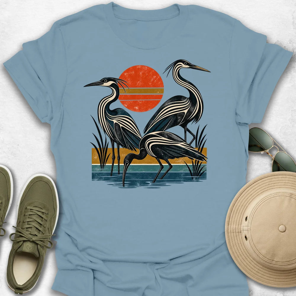 Retro Herons in a Distressed Wetland T-Shirt
