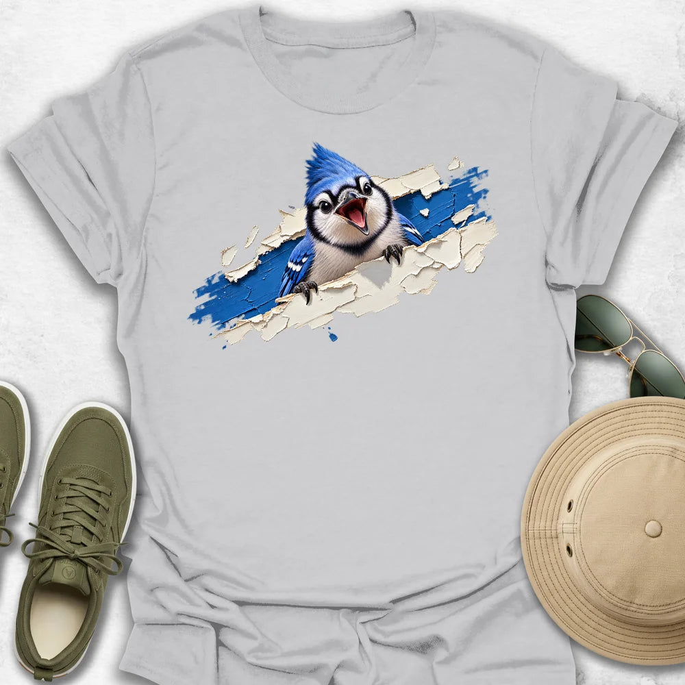 Blue Jay Bursting Through Painted Tear T-Shirt