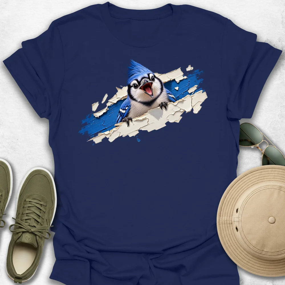 Blue Jay Bursting Through Painted Tear T-Shirt