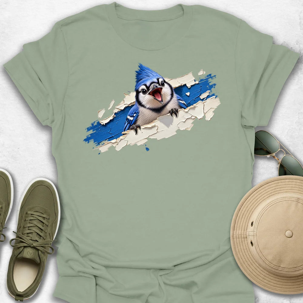 Blue Jay Bursting Through Painted Tear T-Shirt