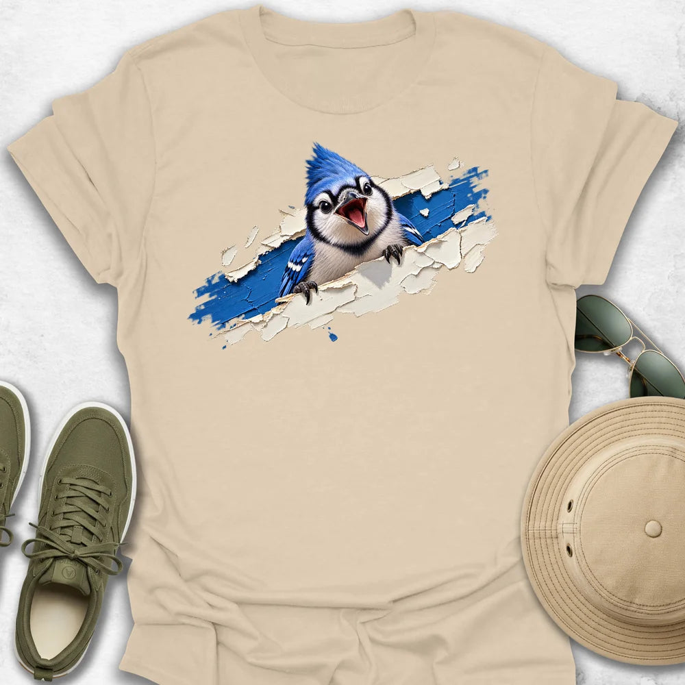Blue Jay Bursting Through Painted Tear T-Shirt