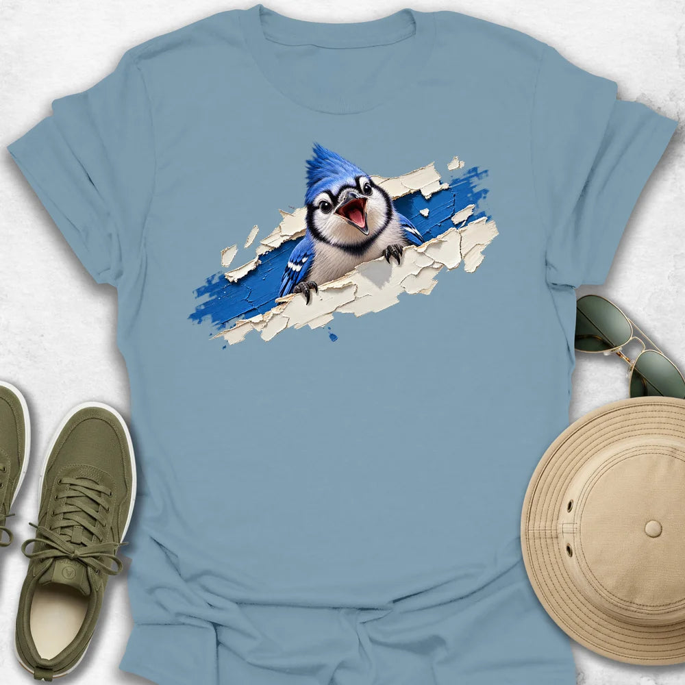 Blue Jay Bursting Through Painted Tear T-Shirt