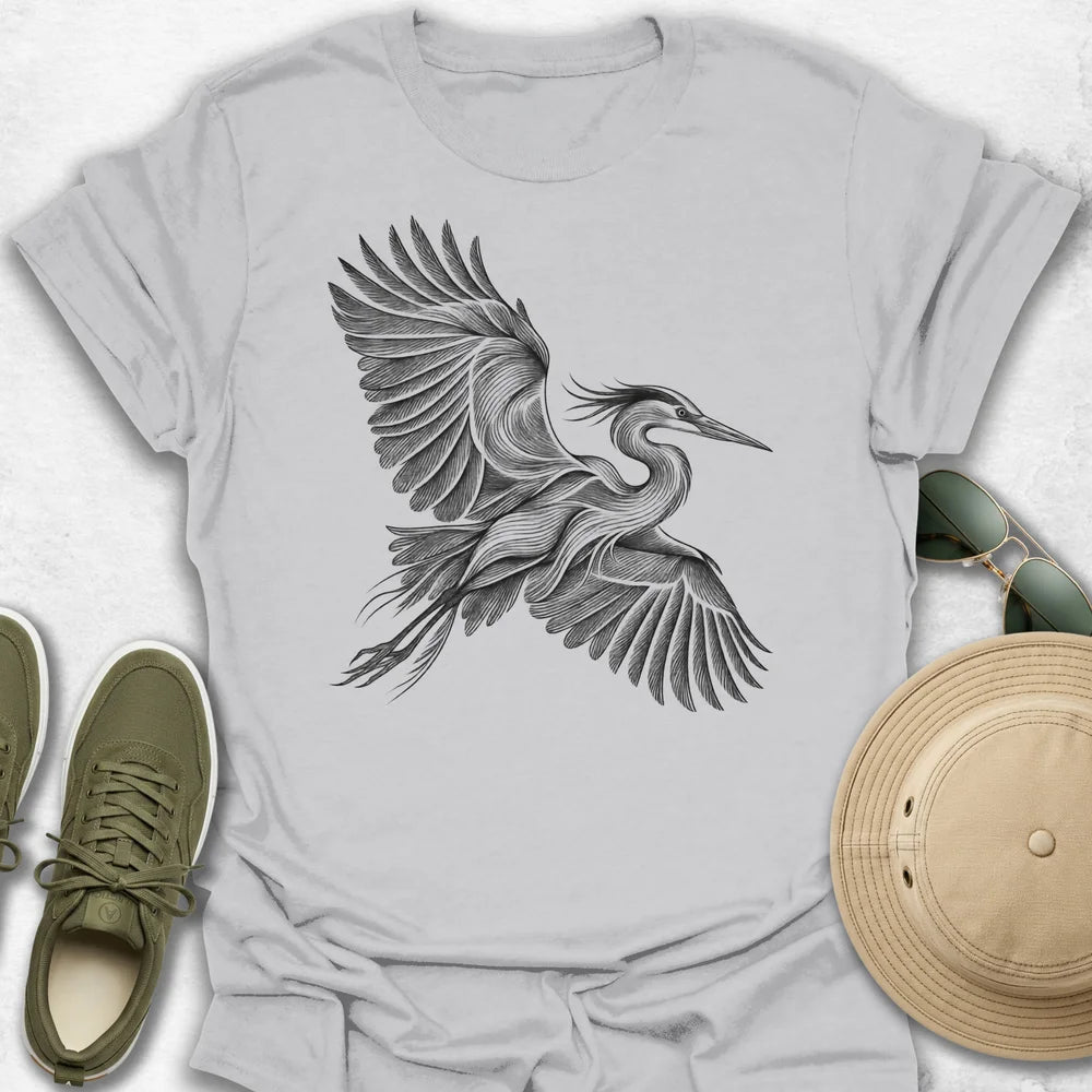 Heron in Flight Line Art T-Shirt