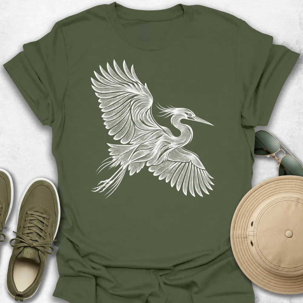 Heron in Flight Line Art T-Shirt