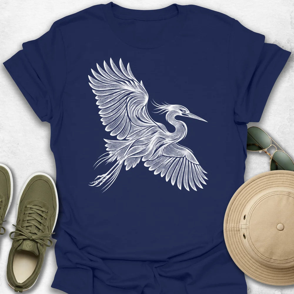 Heron in Flight Line Art T-Shirt