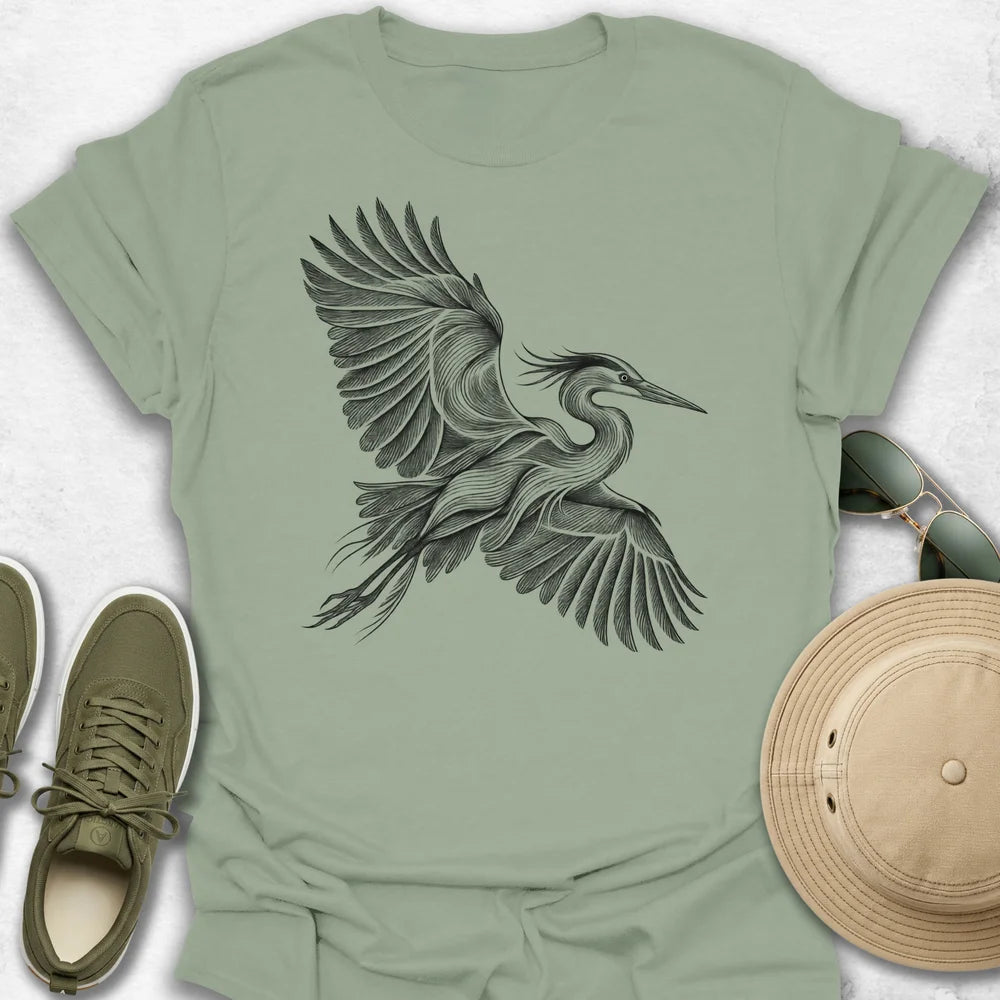 Heron in Flight Line Art T-Shirt