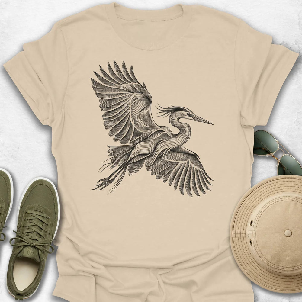 Heron in Flight Line Art T-Shirt