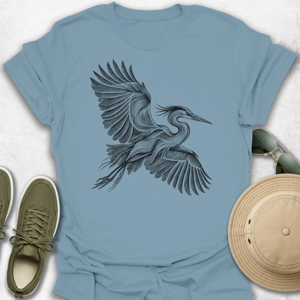Heron in Flight Line Art T-Shirt