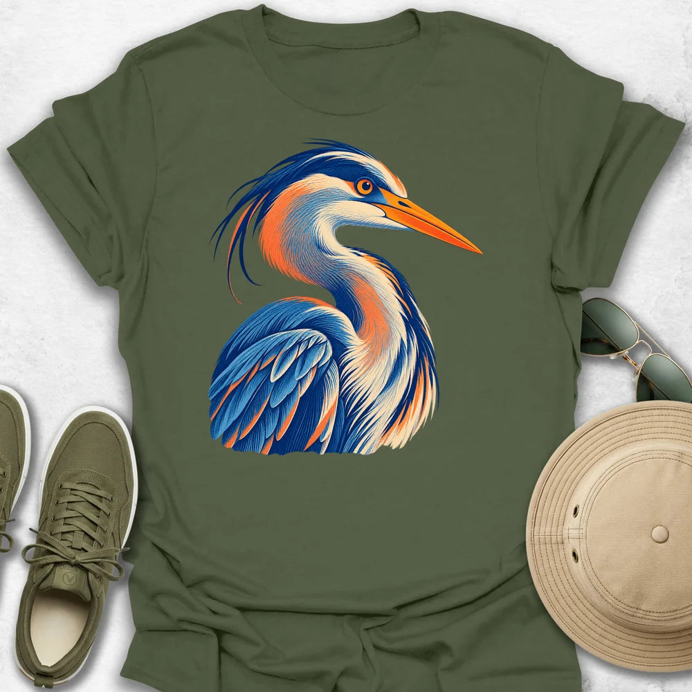 Vibrant Engraved Heron Portrait T-Shirt