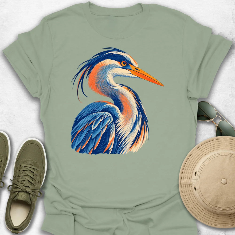 Vibrant Engraved Heron Portrait T-Shirt